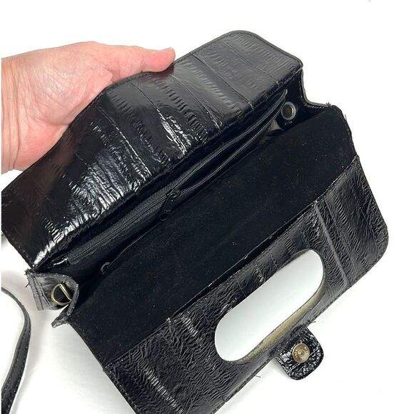 Vintage Real Eel Skin Black Clutch / Crossbody Bag with built-in Mirror